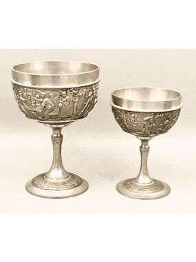 2 Fein Zinn NK Wine Goblets Pewter Chalices Relief Festive Tavern Scenes Folk